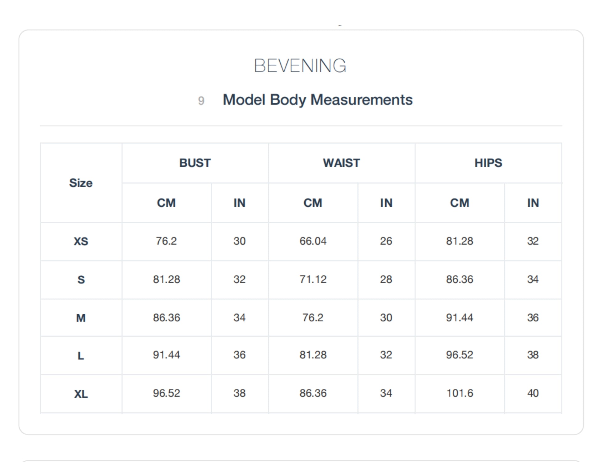 Ivory Plume gown size chart with bust, waist and hips measurements - BEVENING